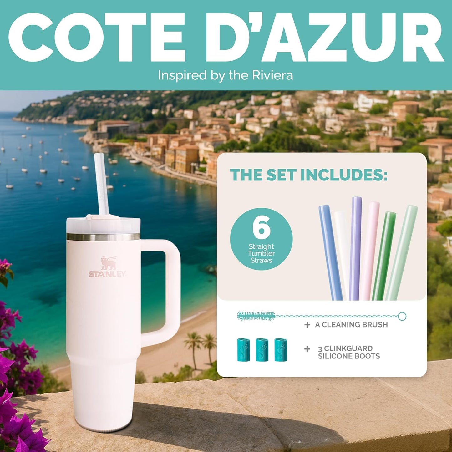 Simply Straws 12 Inch Glass Straws Straight (6-Pack) – Reusable Glass Straws for Stanley 40 Oz Tumbler, with Cleaning Brush – Durable, Dishwasher Safe, Hot & Cold Use, BPA-Free (Cote d'Azur)