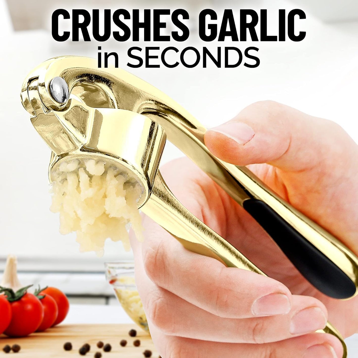 Zulay Kitchen Premium Garlic Press with Soft, Easy to Squeeze Handle - Includes Silicone Garlic Peeler & Cleaning Brush - 3 Piece Garlic Mincer Tool - Sturdy Easy to Clean Garlic Crusher (Gold)