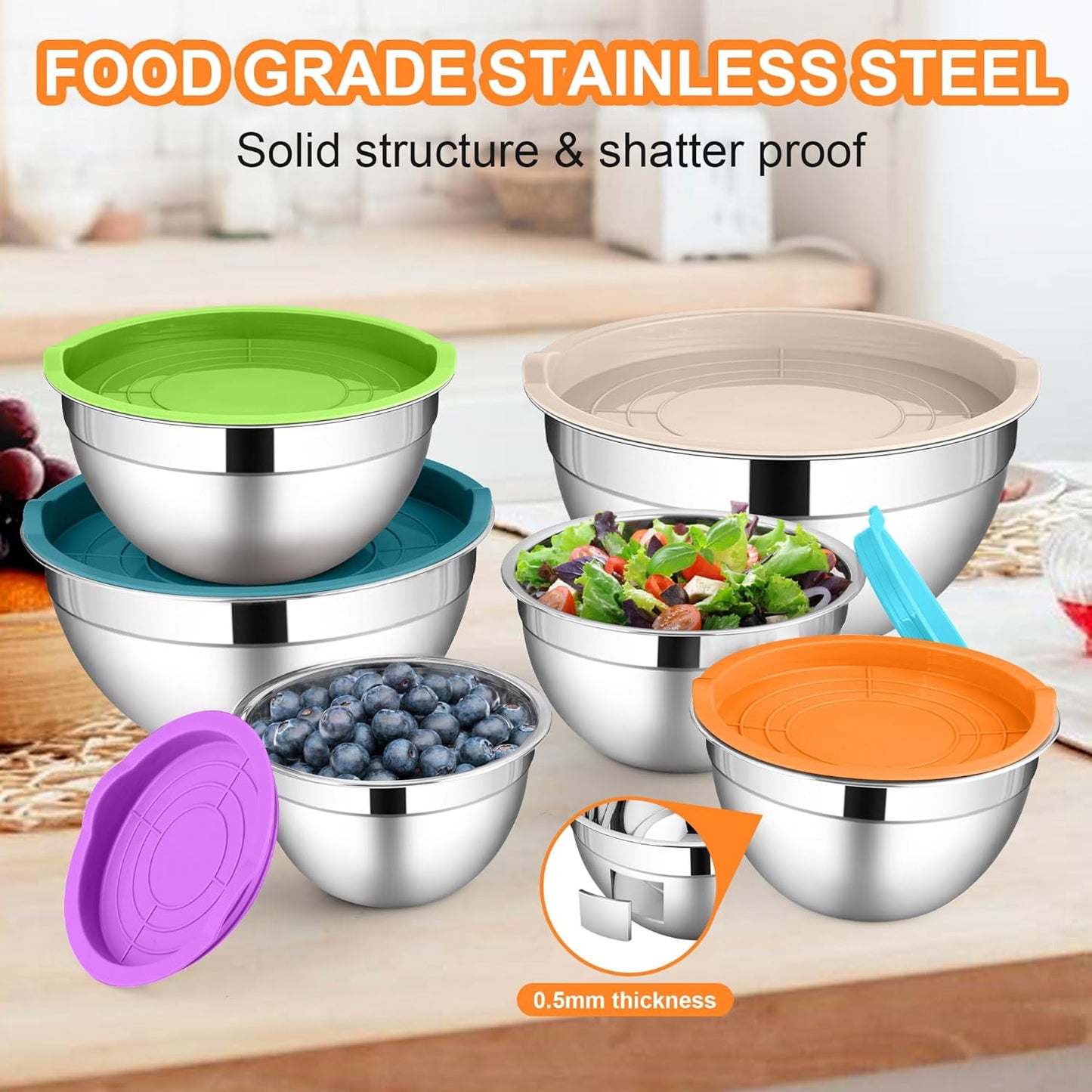 LIANYU Stainless Steel Mixing Bowl Set of 6, Metal Nesting Salad Bowl, Extra Large 7 & 3.5 & 2.5 & 2 & 1.5 & 1QT, Kitchen Bowls for Cooking, Storage, Serving, Dishwasher & Freezer Safe, Multi-Color