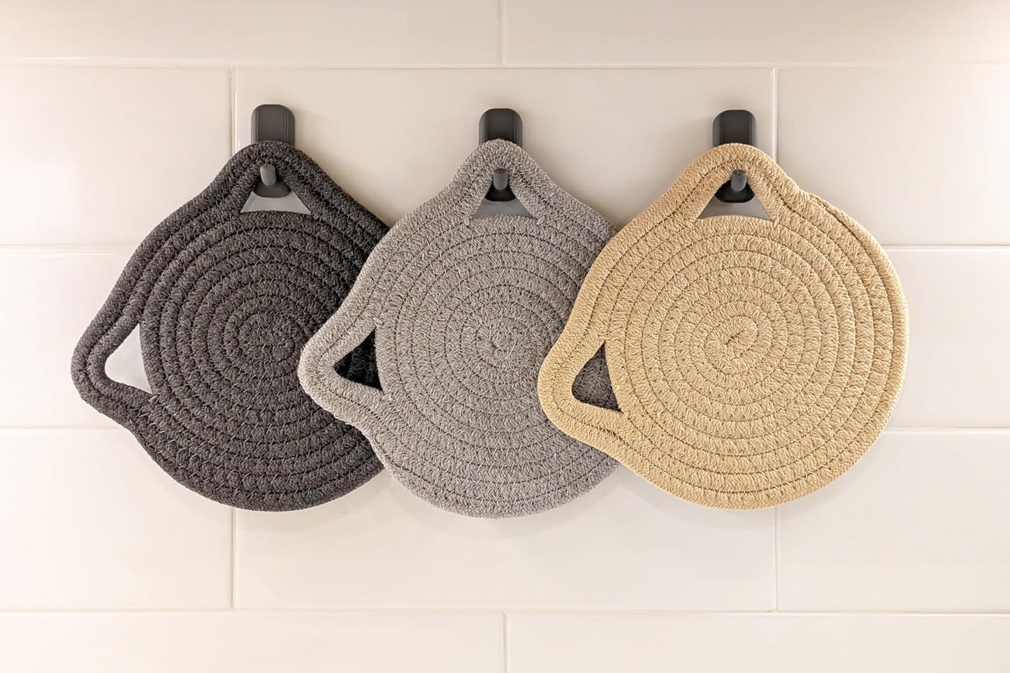 7” Cat Trivet 3 Piece Set - Sturdy Thick Cotton Hot Pad Placemat - for Kitchen and Dining - Cute Kawaii Kitten Design - Kitchen Accessory Gift (Gray & Beige)