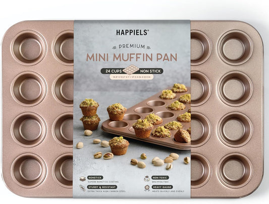Non Toxic Nonstick 24 Cup Mini Muffin Pan | PFOA BPA free Nontoxic Mini Cupcake Tin | Best Non Stick Muffin Pans | Carbon Steel Small Muffin tins | Cupcakes Bakeware Mold
