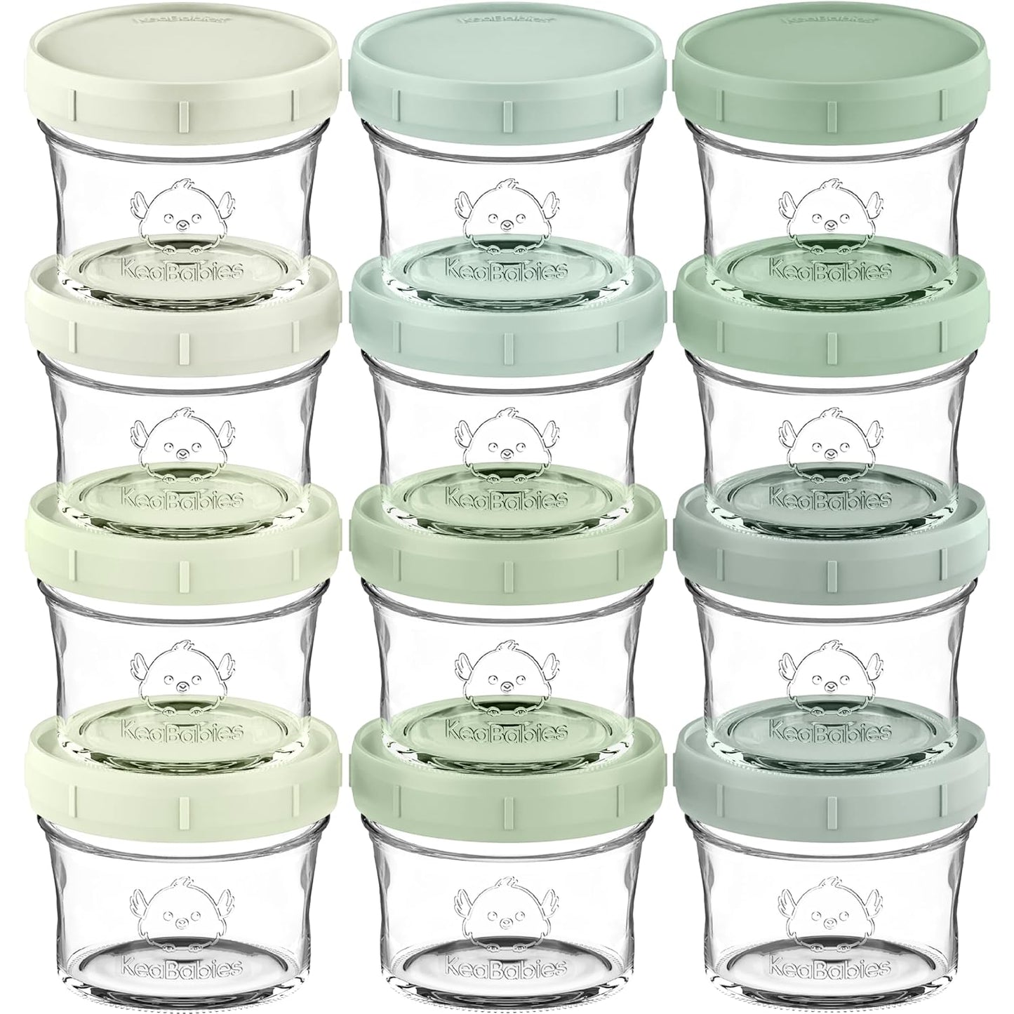 KeaBabies 12pk 4oz Glass Baby Food Containers with Lids - Leak-Proof, Microwavable Small Glass Jars, Baby Purees & Toddler Snack Storage Containers, BPA-Free, Dishwasher & Freezer Safe (Sage)