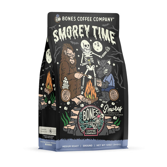 Bones Coffee Company S'morey Time, S'mores and Graham Crackers Flavored Coffee, Medium Roast Low Acid Arabica Beans Compatible with Auto drip and French Press Coffee Maker, 12 Oz Ground