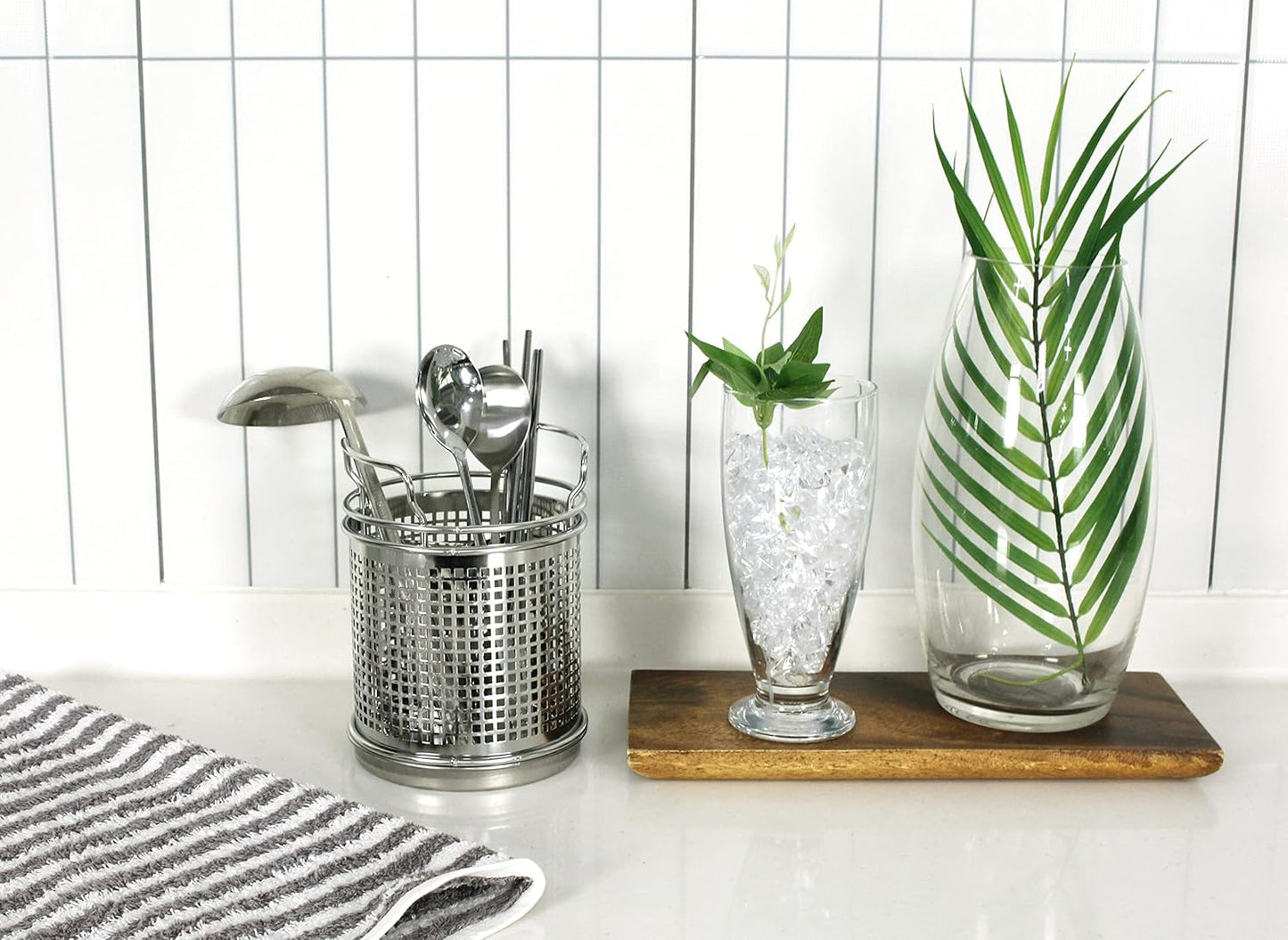 LENITH Stainless Steel Kitchen Round Utensil Holder - Weighted Base for Stability - Utensil Crock With Removable Divider for Easy Cleaning (Round Tulip)