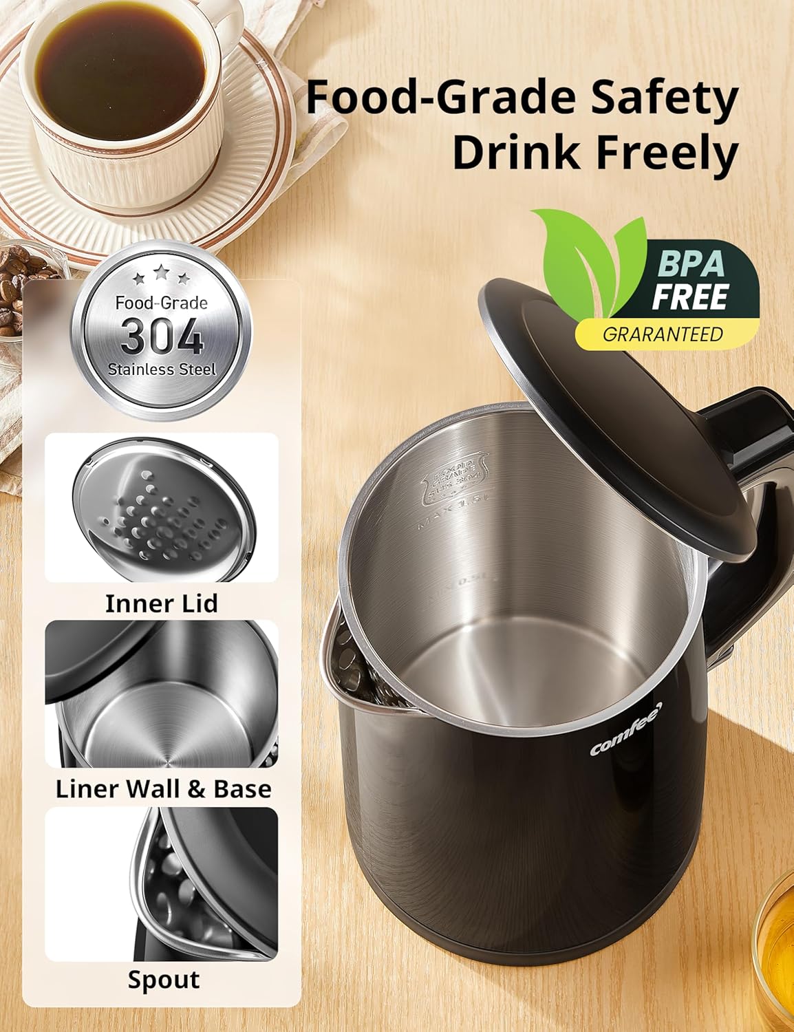 COMFEE' Electric Kettle and Tea Kettle, 1.5L Double Wall, Stainless Steel Interior, Lid & Spout, Fast Boil, Auto-Off, and Boil-Dry Protection, 1500W