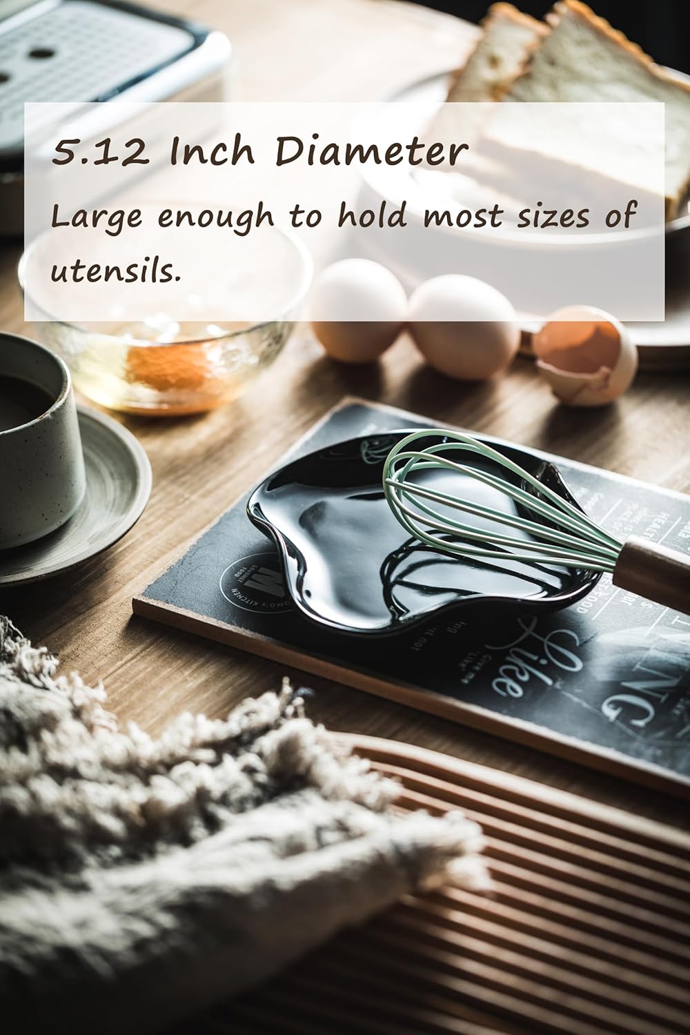 Spoon Holder, Porcelain Spoon Rest with Deep Drip Tray for Kitchen Counter, for Multiple Utensils, Heat-Resistant, Cute Spoon Rest for Spoons, Ladles, Tongs and etc, Black, Ruffled Edge,5.12"