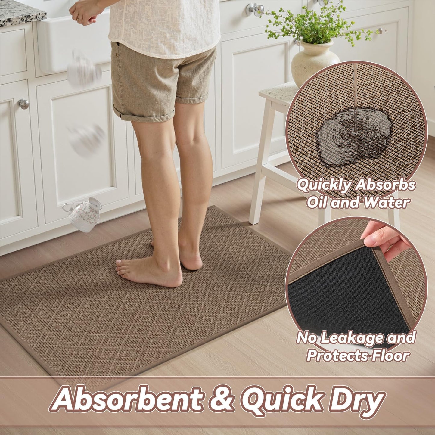 PADOOR Kitchen Runner, Rubber Backed Kitchen Runner Rugs Non Skid Washable, Super Absorbent Kitchen Mats for Floor Front of Sink, 20"x70" Brown