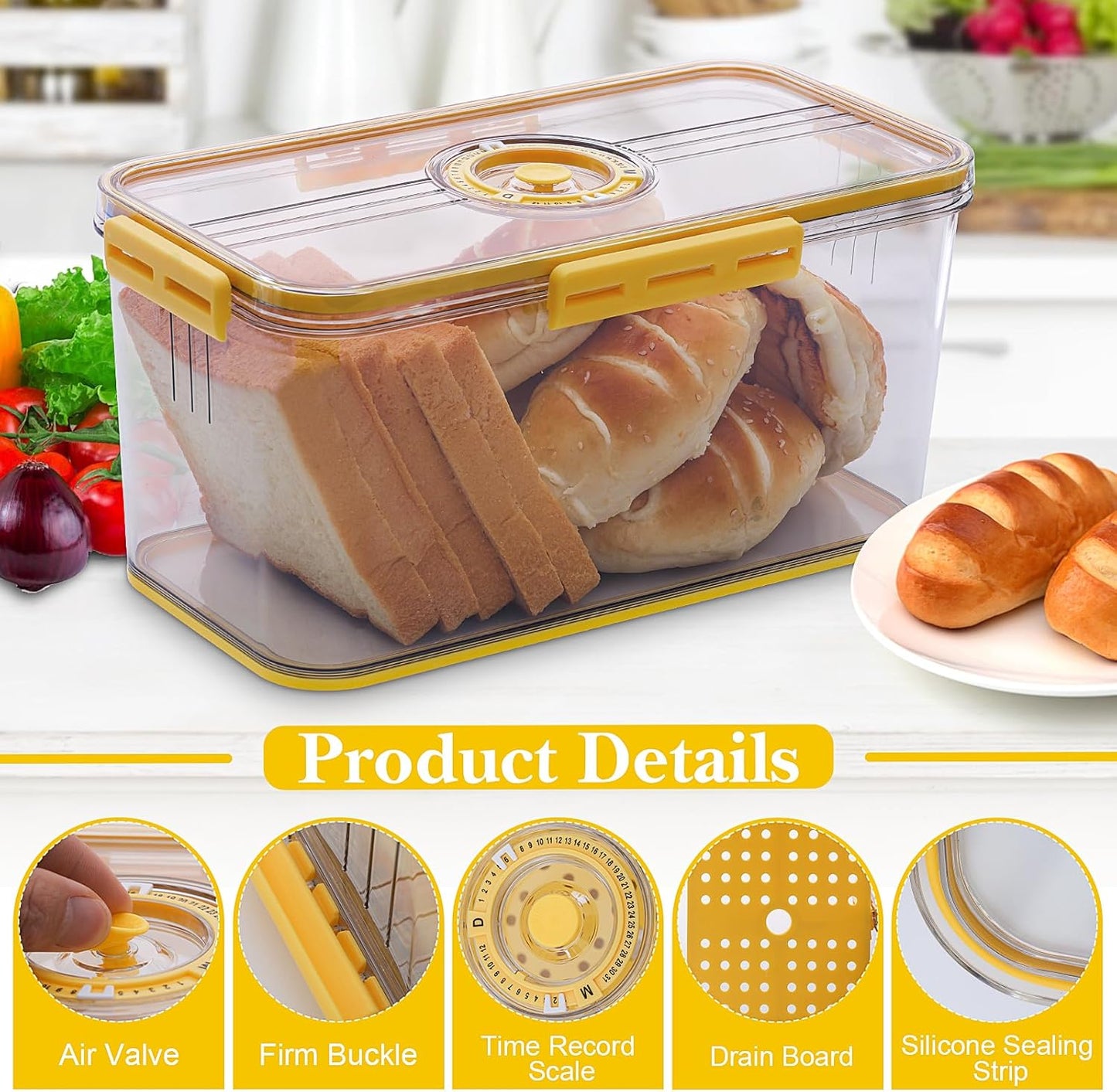 Bread Box for Homemade Bread Boxes for Kitchen Counter Airtight, Time Recording Bread Storage Container with Lid, Bread Containers Storage Airtight Loaf Bread Keeper, Large, Yellow