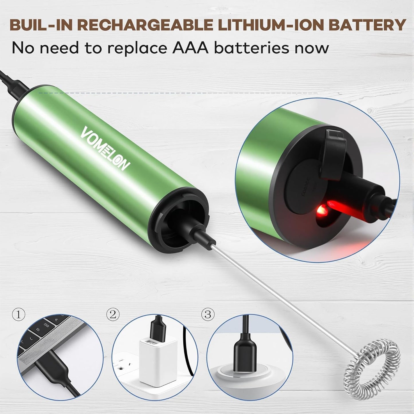 Rechargeable Milk Frother, Electric Coffee Foamer, Handheld Drink Mixer for Latte, Cappuccino, Coffee, Eggs, Hot Chocolate, Protein,Green