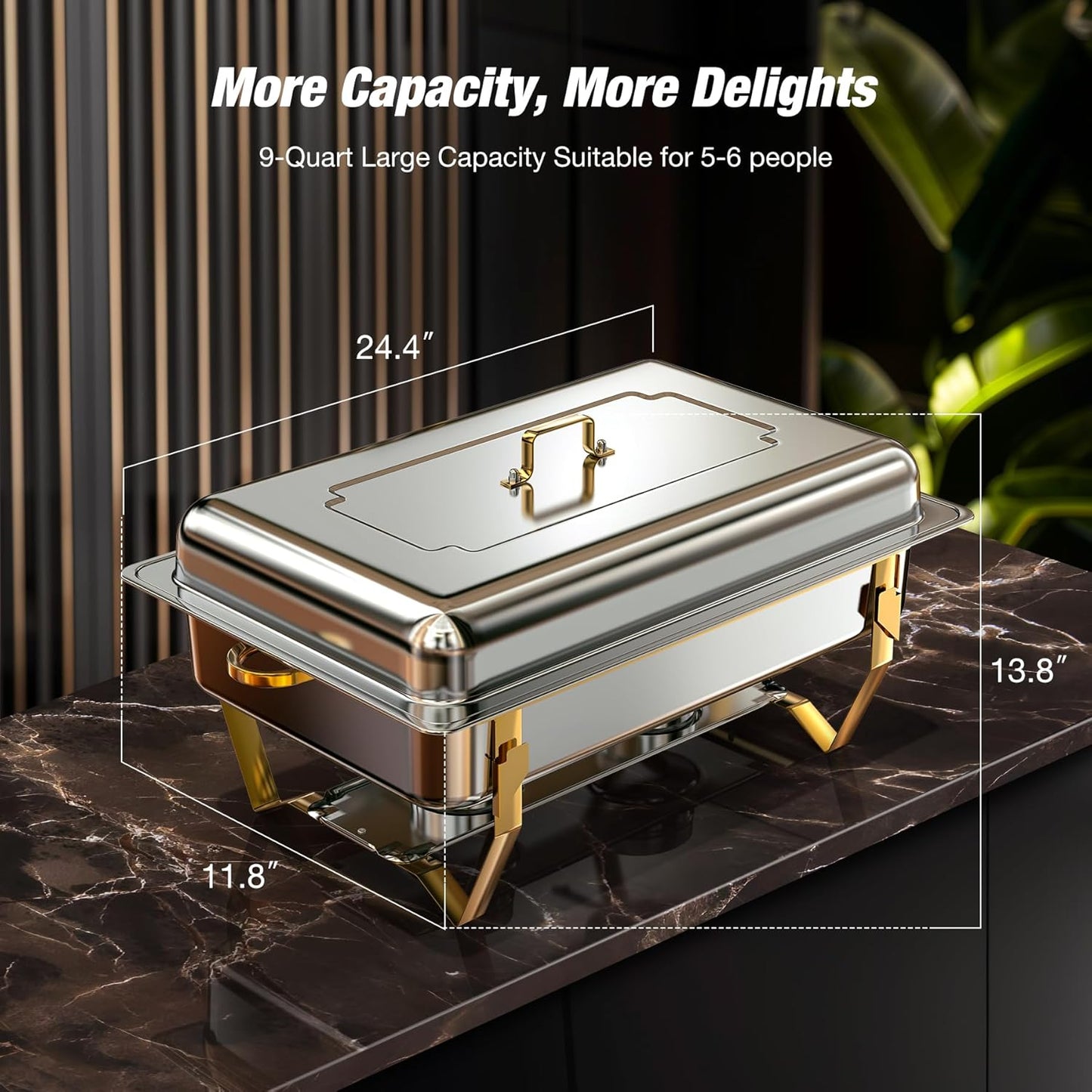 Gold Chafing Dishes for Buffet (9QT, 4 Pack) - Easy Assembly, Food-Grade Stainless Steel Chafers for Catering w/Rolled Edge Design, Foldable Frame, for Party, Banquet (Full Size Food Pan)