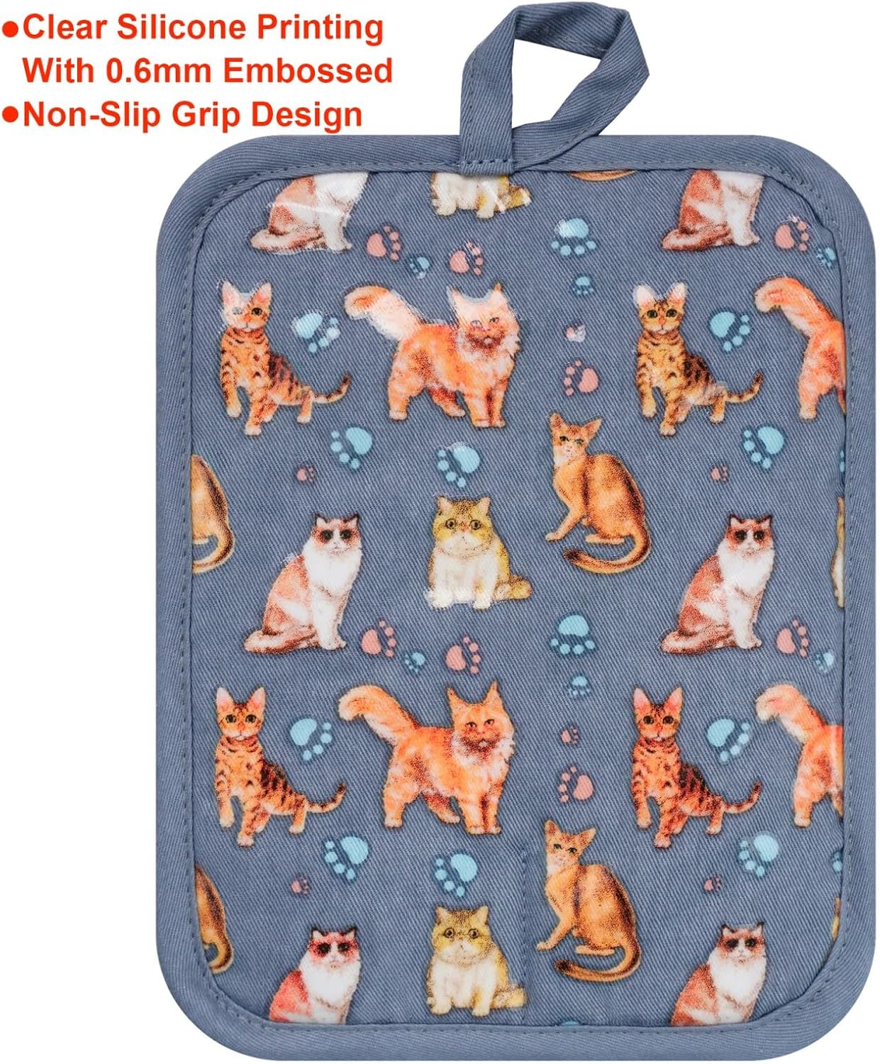 Pot Holders Set of 2 Heat Resistant 480 ℉Non Slip Clear Silicone Printed Comfortable Cotton Lining Kitchen Women Men Cooking Baking Microwave Machine Washable (Cat, Blue potholders)