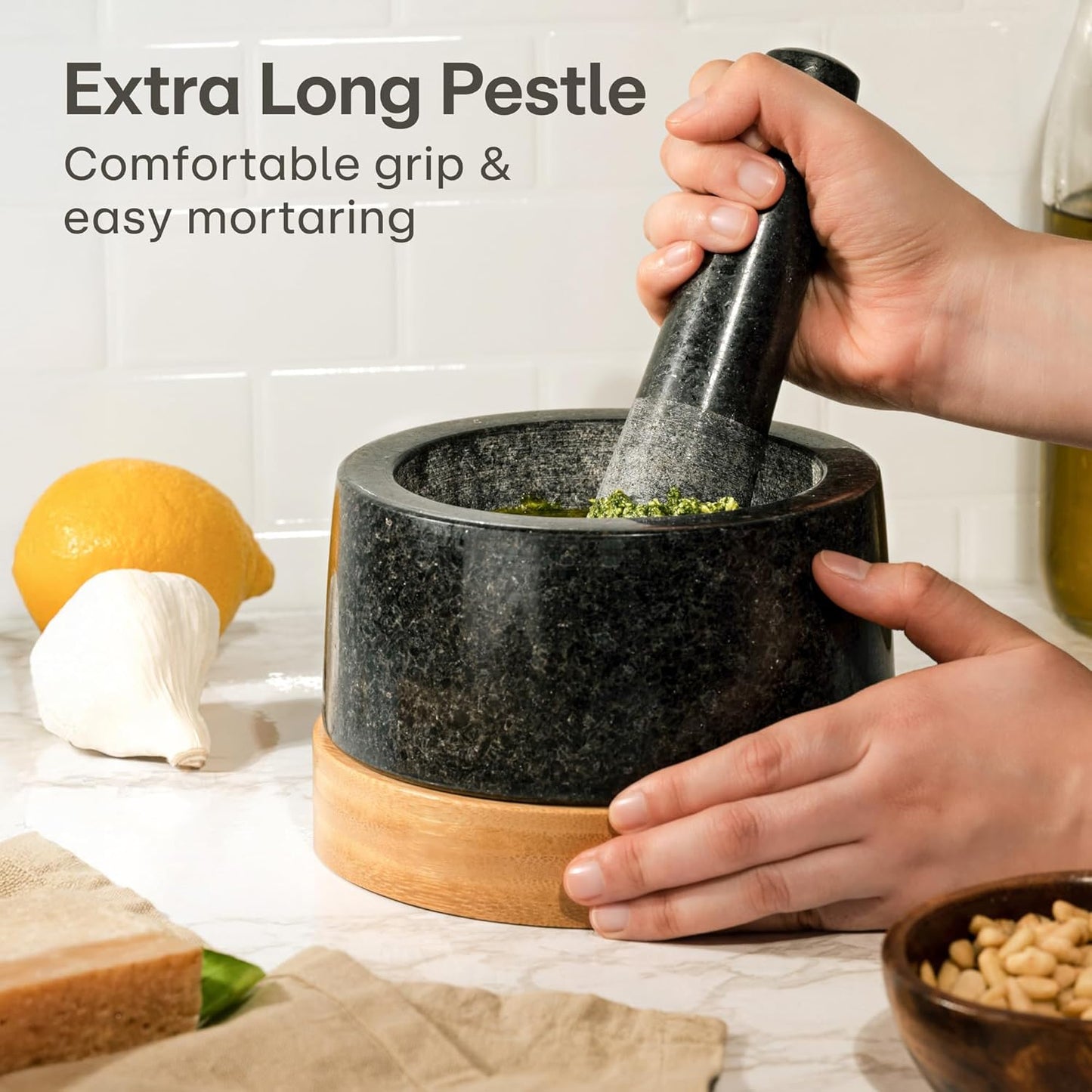 Mortar and Pestle Set Large 2 Cup - Heavy-Duty Stone Grinder for Spices, Herbs & Guacamole - Durable Granite - Non-Slip Wooden Base - Effortless Grinding & Easy to Clean