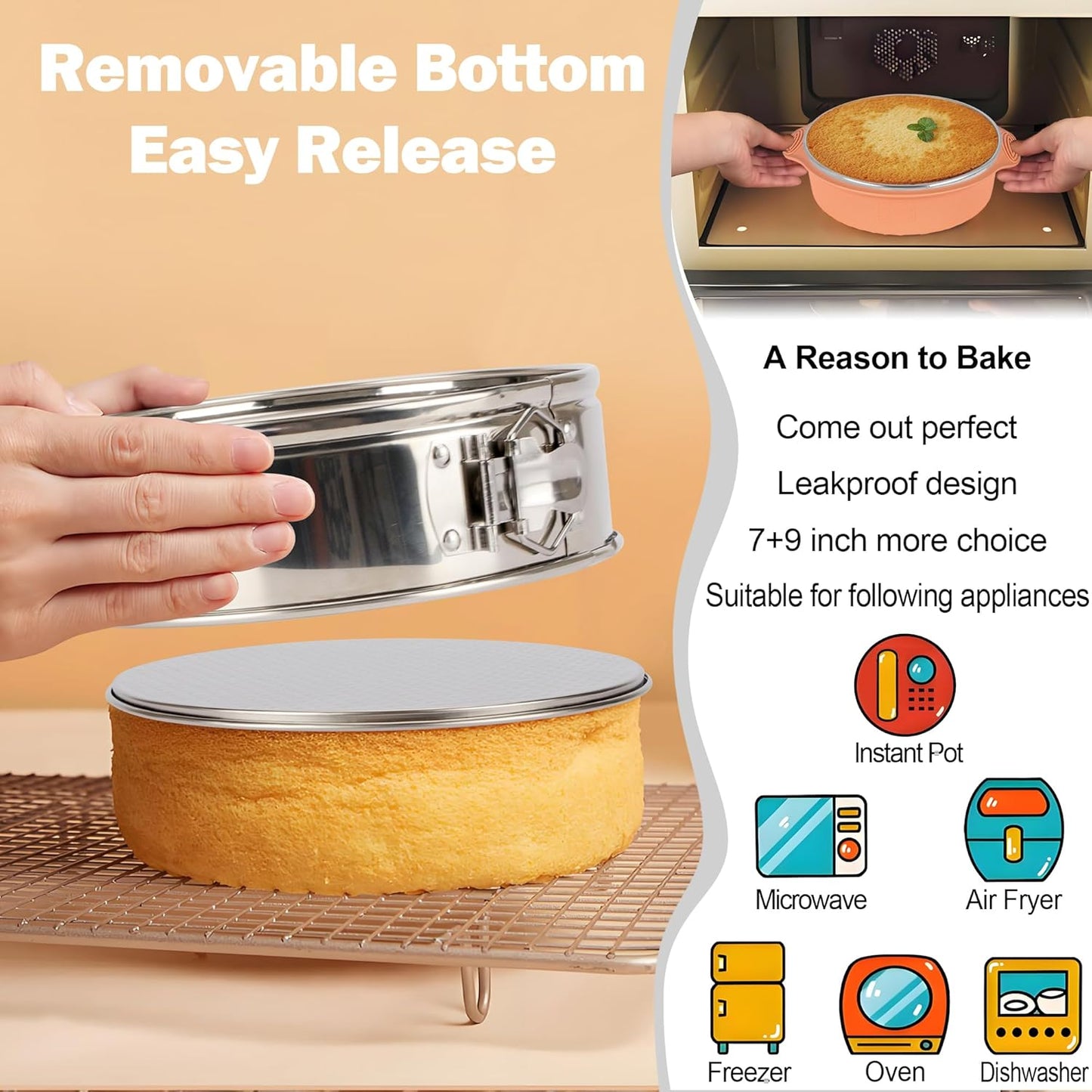 7, 9 Inch Springform Pan, Nonstick 304 Stainless Steel Cake Pans with Removable Bottom, Leakproof Springform Pan for Cheesecake with Silicone Pans Protector & 50PCS Parchment Paper, Dishwasher Safe