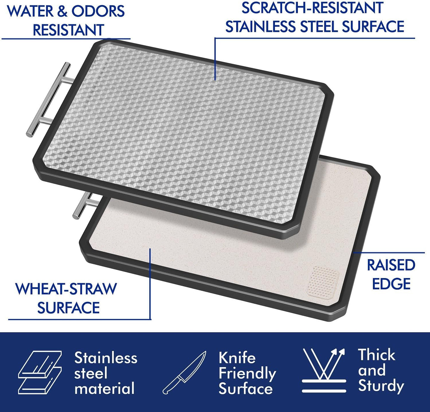 Stainless Steel Cutting Board, Scratch-resistant Cutting Board for Kitchen, 16 * 11 inch Double Sided Chopping Board, 304 Stainless Steel and Food-Grade Wheat Straw PP, Dishwasher Safe