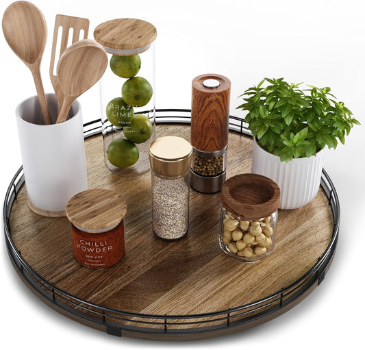 Acacia Wood 16" Lazy Susan Turntable Organizer for Table Top, Farmhouse Large Round Lazy Susan for Cabinet Kitchen Centerpieces Dining Table, for Condiments Charcuterie, Bathroom Vanity Tray Decor