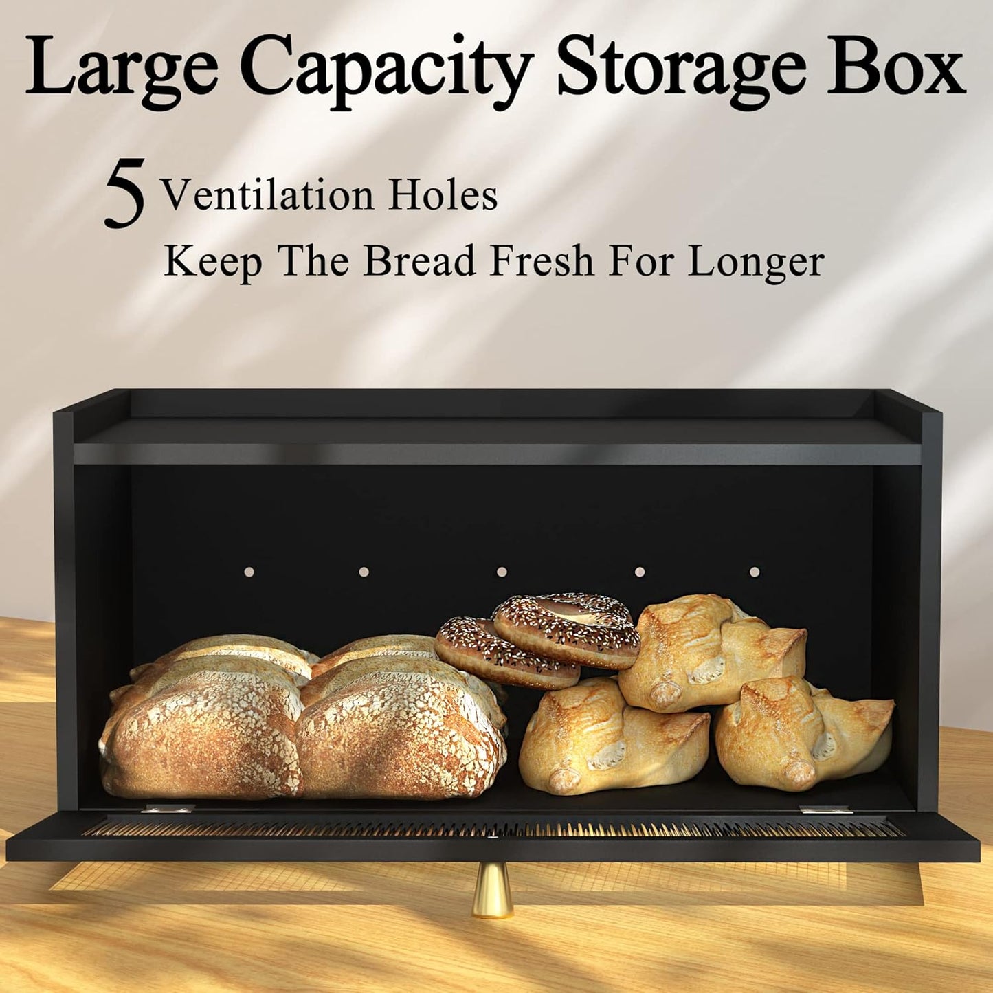 Black Bread Box for Kitchen Countertop-Large Modern bamboo Bread box with Window Bread Storage Container