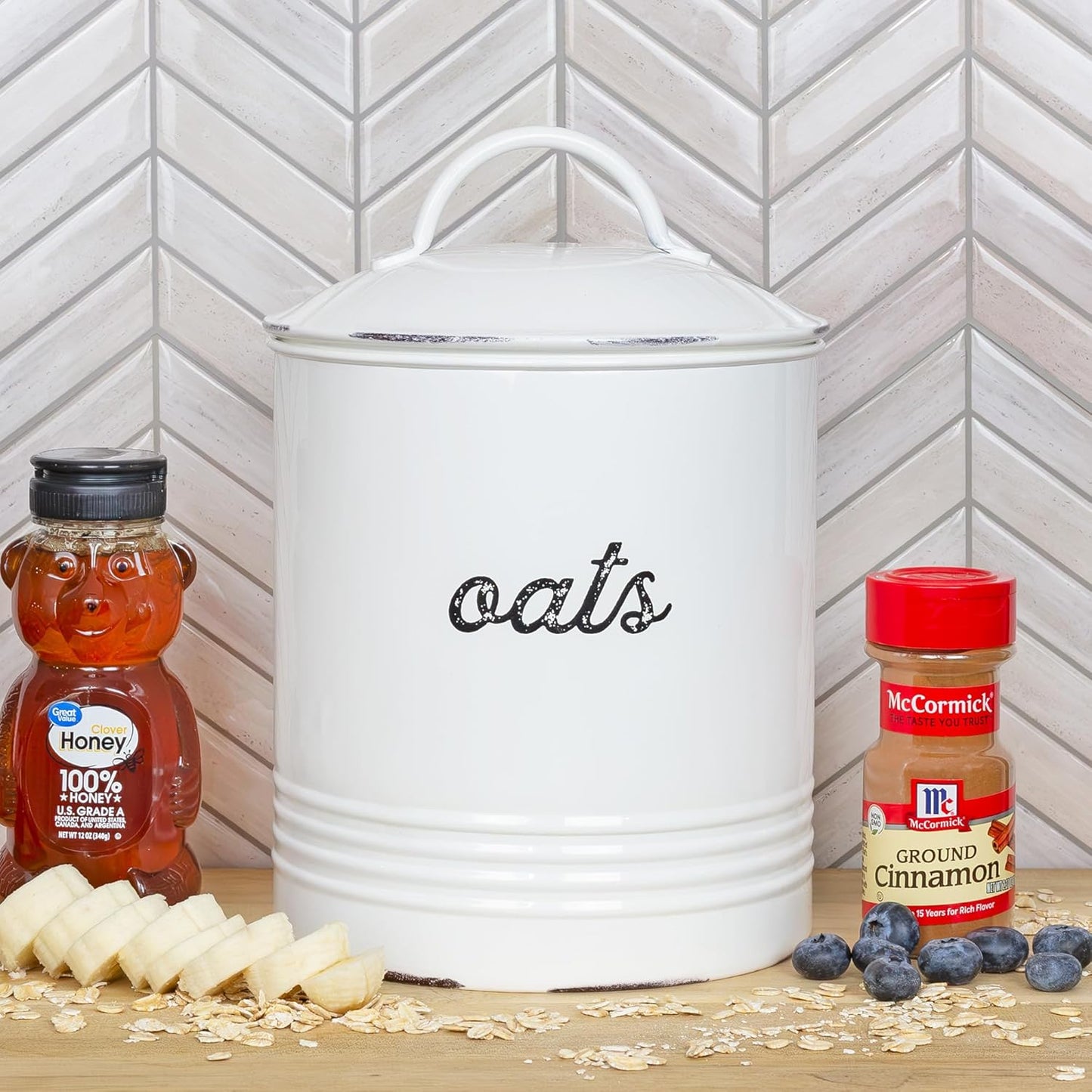 AuldHome Design Farmhouse Enamelware Oatmeal Canister (White); Rustic Distressed Style Oats Storage for Kitchen