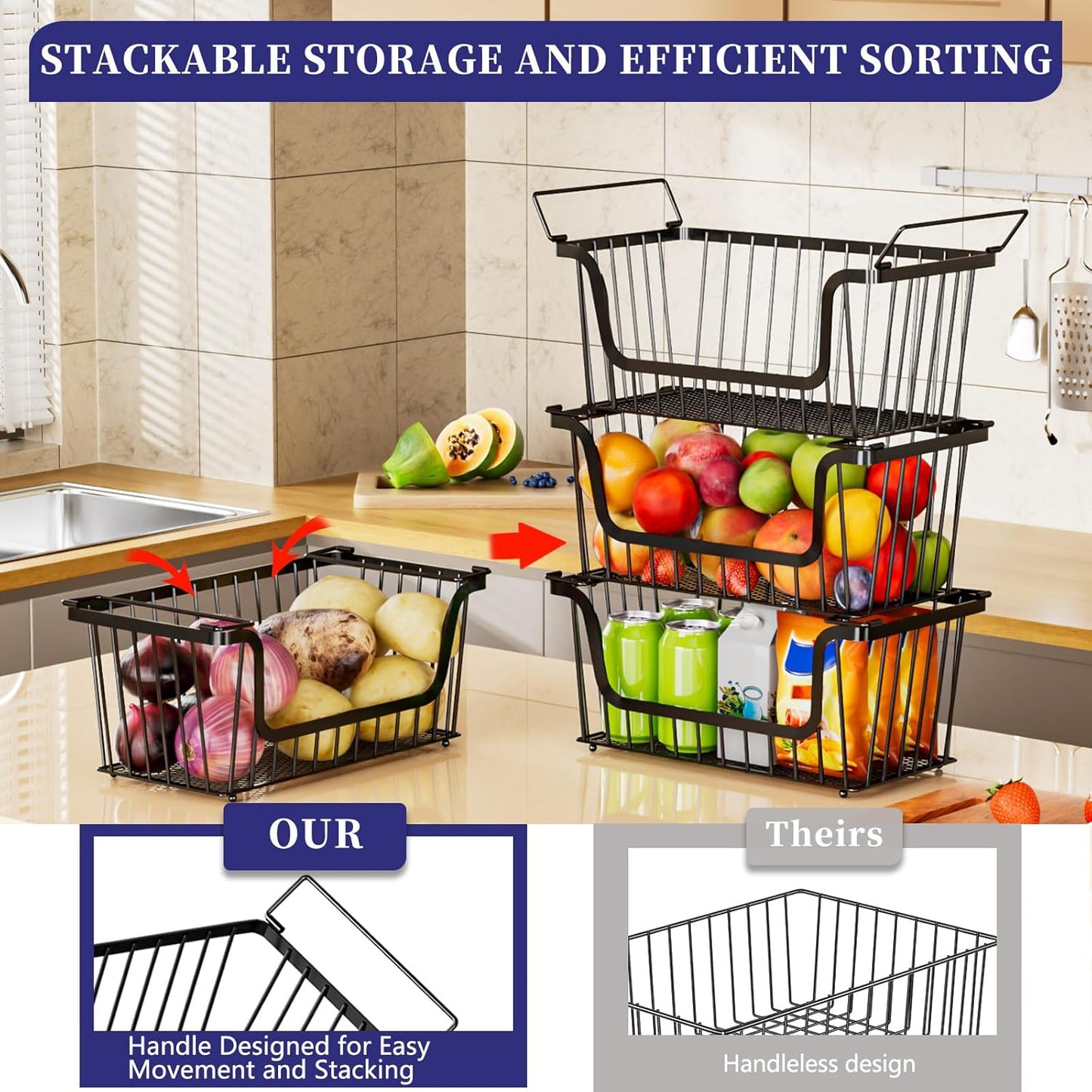 Enhanced Leak-Proof Bottom Stackable Wire Baskets, 4 Pack Pantry Organizers and Storage, pantry storage，Shelf Baskets, Fruit Basket, Potato and Onion Storage Bins，(Black)