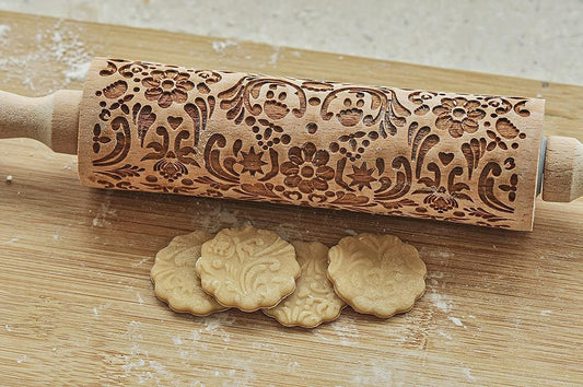 Christmas Wooden Rolling Pin for Baking Engraved Embossing Rolling Pin Cookie Stamps Roller Square Grid Cookies Mold Kitchen Decor Tools for Baking Embossed Cookies (Flower Plant)