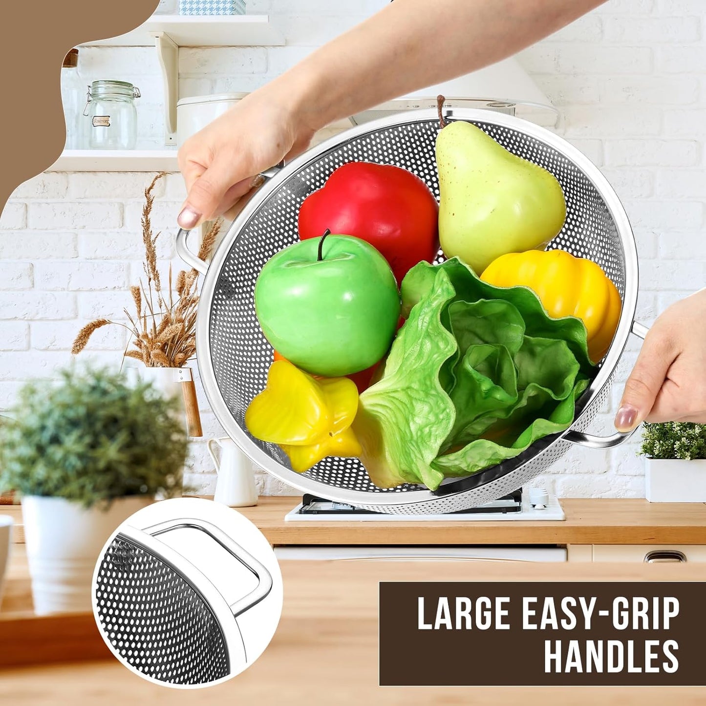 Norme 4 Quart Stainless Steel Silver Colander and 3 Pcs Silver Fine Mesh Strainer, Stainless Steel Pasta Rice Food Metal Strainer with Handles, Easy Clean and Dishwasher Safe