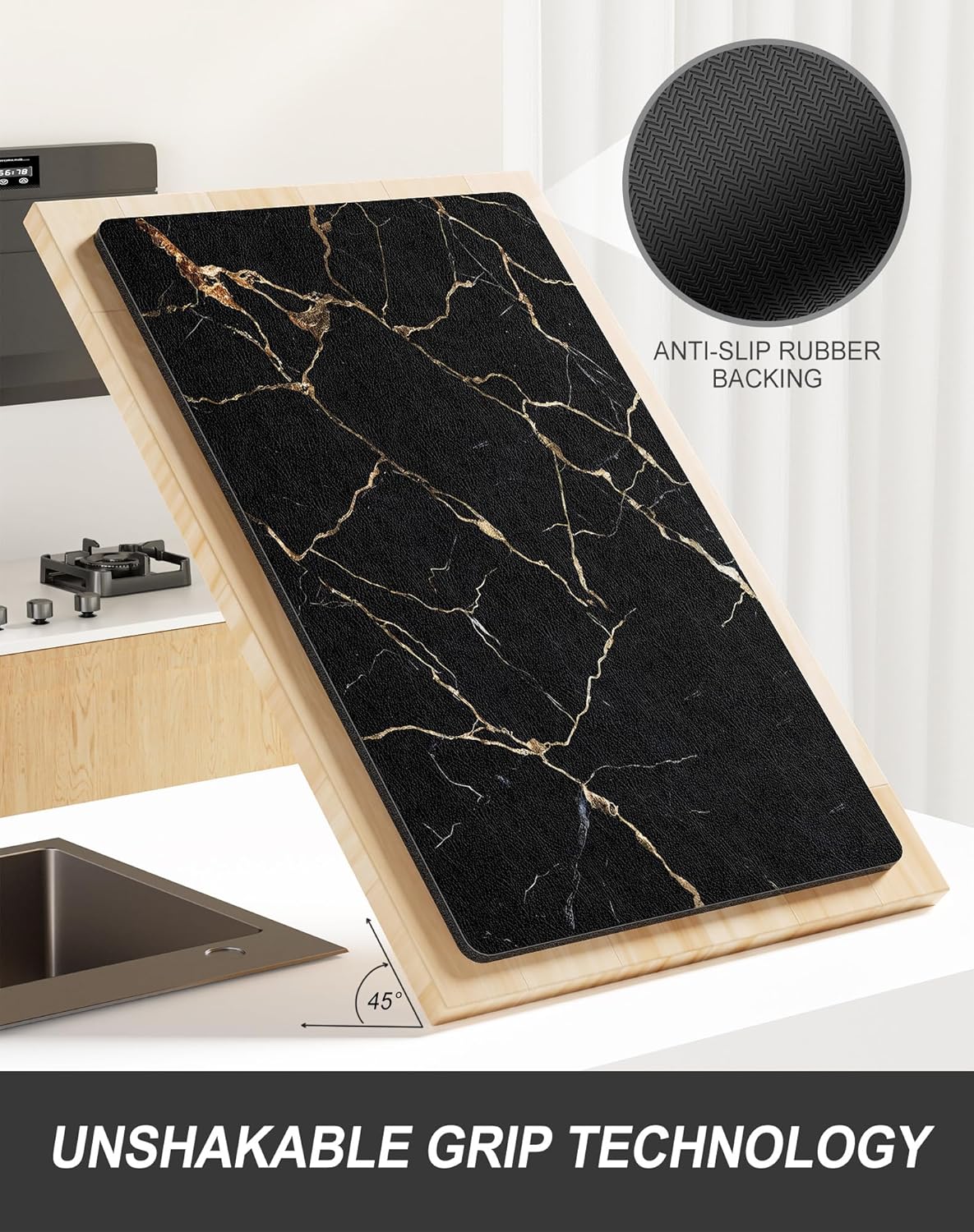 Rnivvi Dish Drying Mat for Kitchen Counter, XL 15 x 24" Cute Marble Absorbent Draining Pad, Non-Slip Heat Resistant Coffee Bar Mats for Coffee Machine Station Accessories, Black Gold Dish Rack Pad