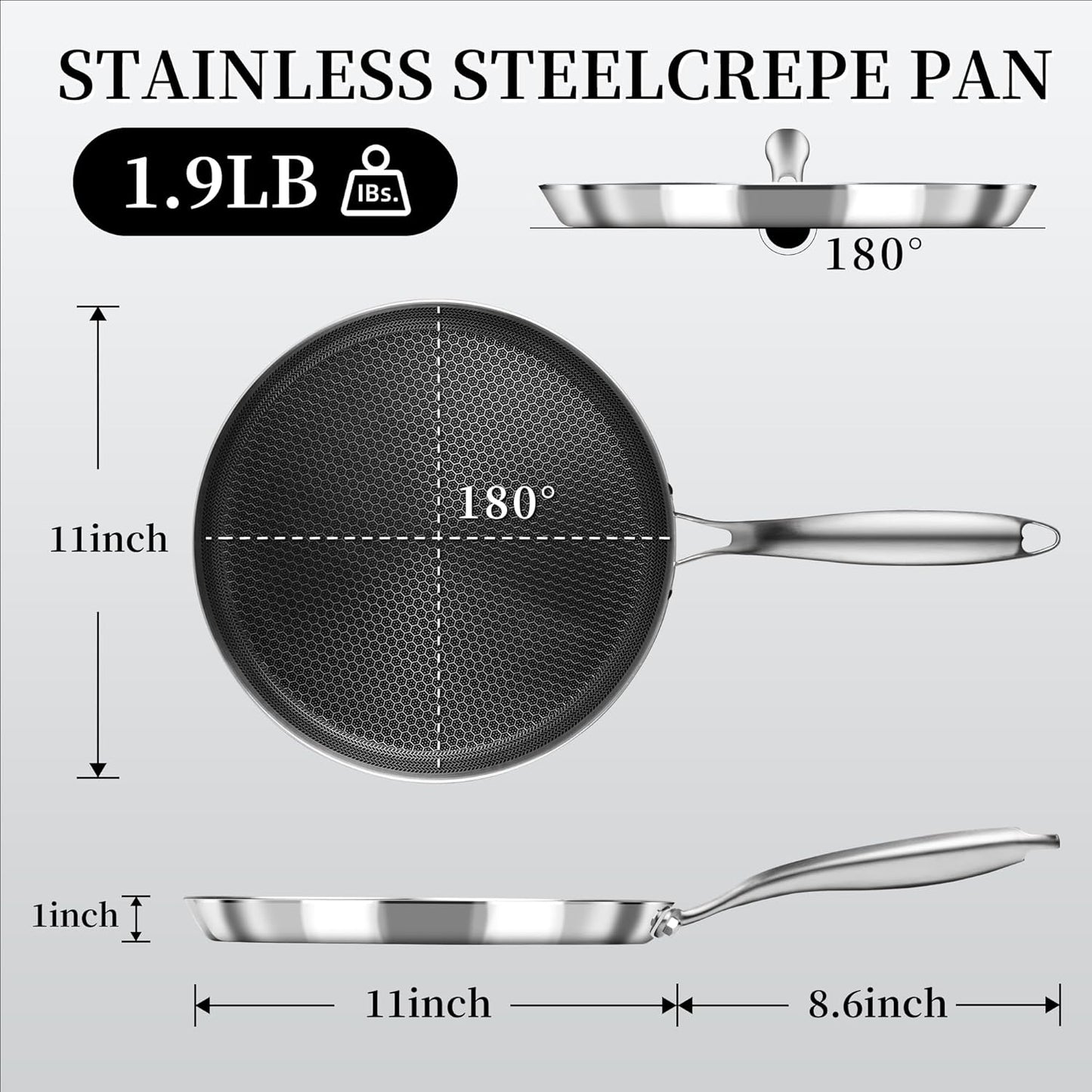 Nonstick Crepe Pan 11inch Stainless Steel Crepe Pan Honeycomb Coating Flat Skillet Tawa Dosa Tortilla Pan,Omelet Pan with All Stove Tops Available, Induction Compatible