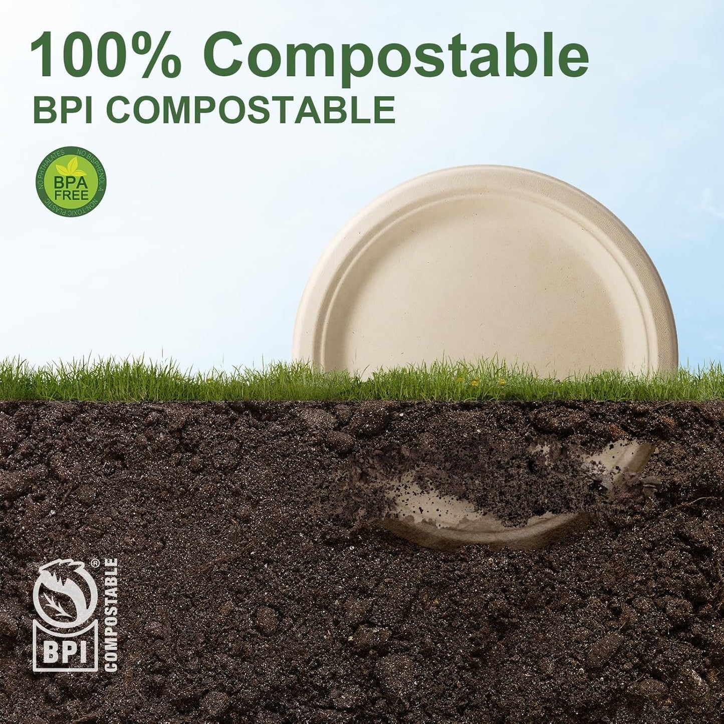 WELLIFE 100% Compostable Paper Plates 9 Inch, 125-Pack Heavy Duty Paper Plates Bulk,Biodegradable Bagasse,Eco-Friendly Disposable Dinner Plate for BBQ,Picnic,Party (BPI Certified,Microwaveable)