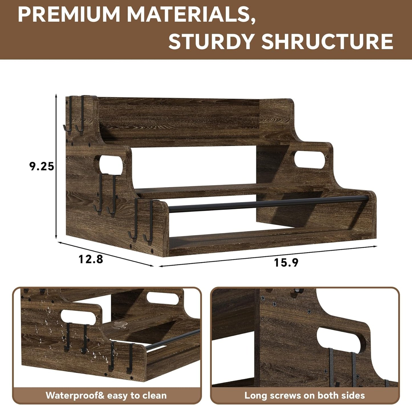 3-Tier Liquor Bottle Display Shelf, Bar Stand for Whiskey, Spirits, Coffee Syrup Rack Organizer, Countertop Wine Rack for Home, Mini Coffee Bar, Small Liquor Cabinet and Kitchen Dark Brown