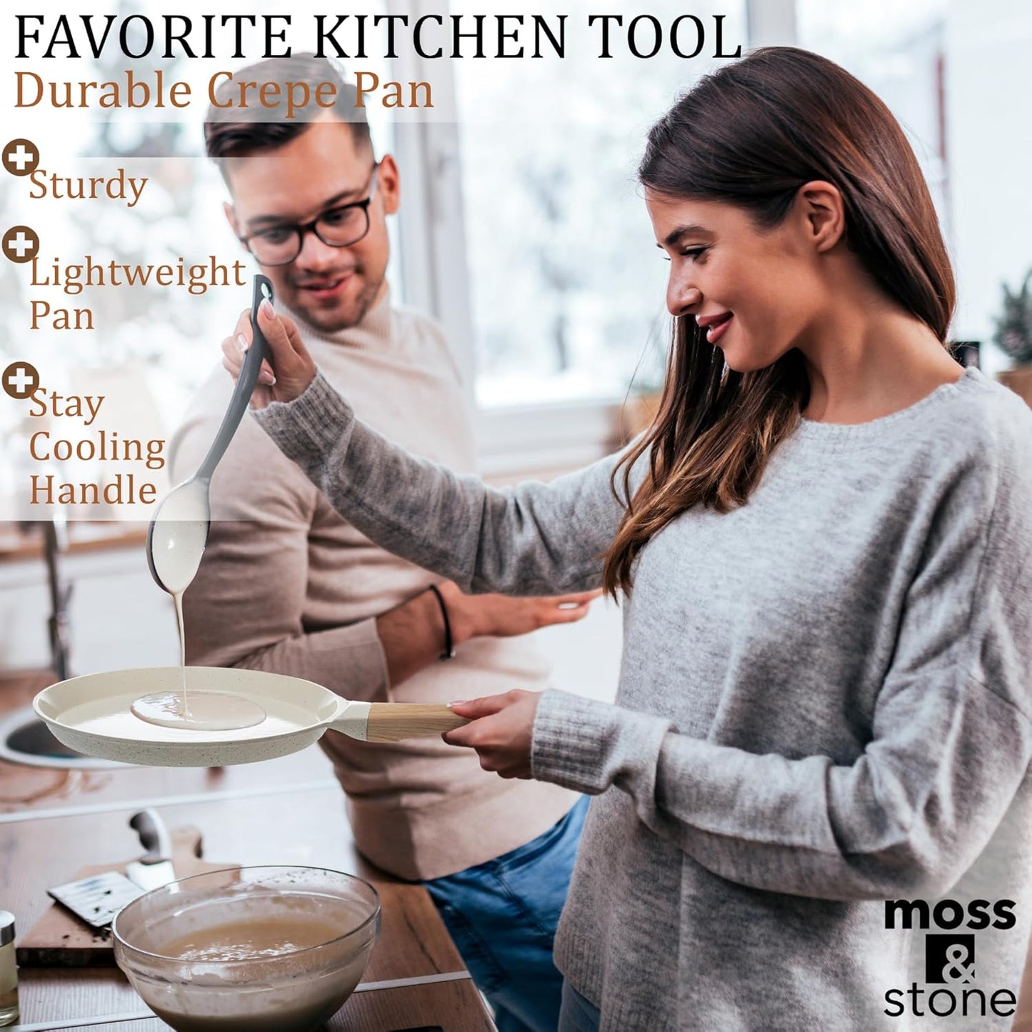 Moss & Stone 9.5 Inch Nonstick Crepe Pan with Spreader, Dosa Pan for Roti Dosa Tawa Comal Para Tortillas, Ceramic Flat Skillet Pan Induction Compatible, Pancake Pan for Stove Top - White