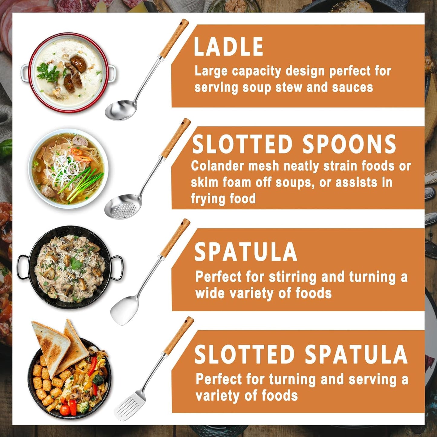 Pleafind 4-Pcs Cooking Utensils Set, Stainless Steel Kitchen Utensils with Wooden Hanlde, Kitchen Essentials Set Include Wok Ladle, Slotted Spoon, Wok Spatula and Slotted Spatula, Dishwasher Safe