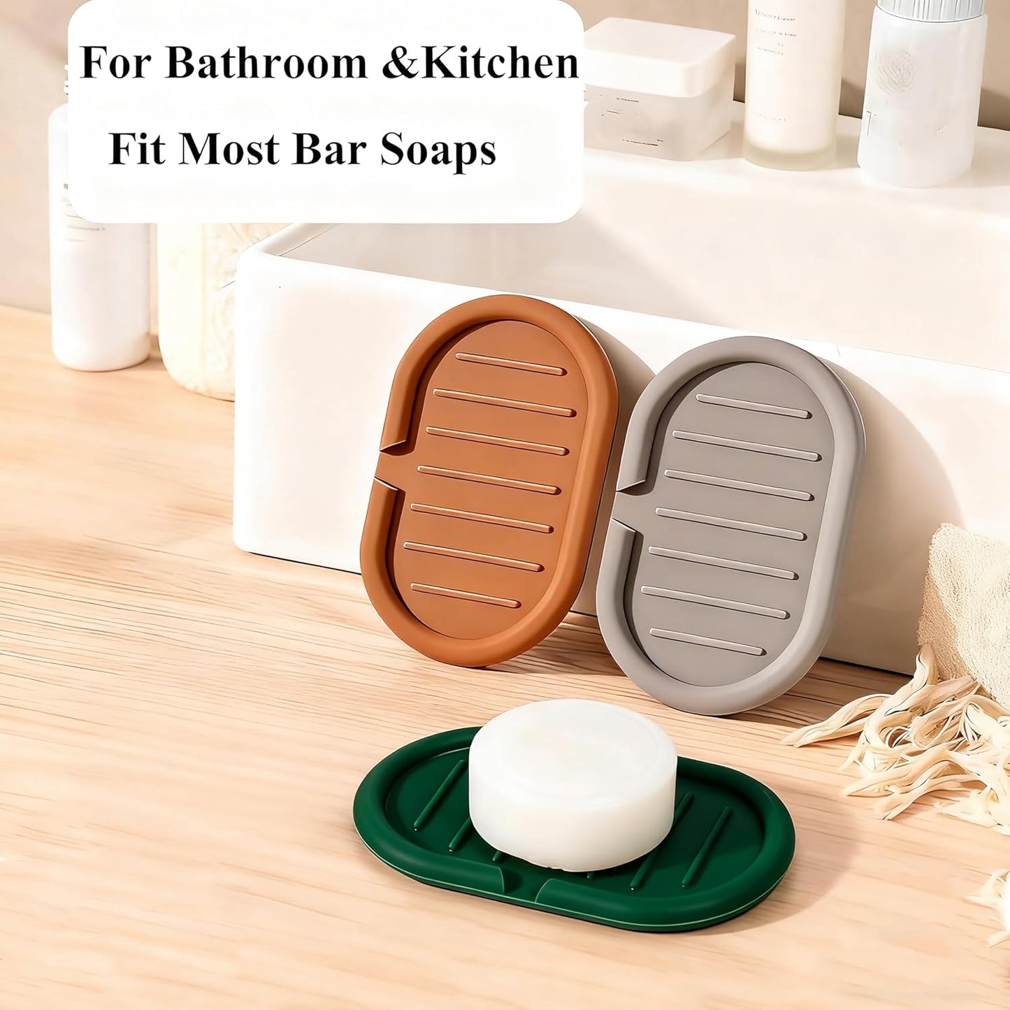 Self-Draining Oval-Shaped Silicone Soap Dish, Soap Holder/Tray/Saver for Shower, Bathroom, Kitchen, Keep Soap Dry, Easy to Clean (3, Dark Color)