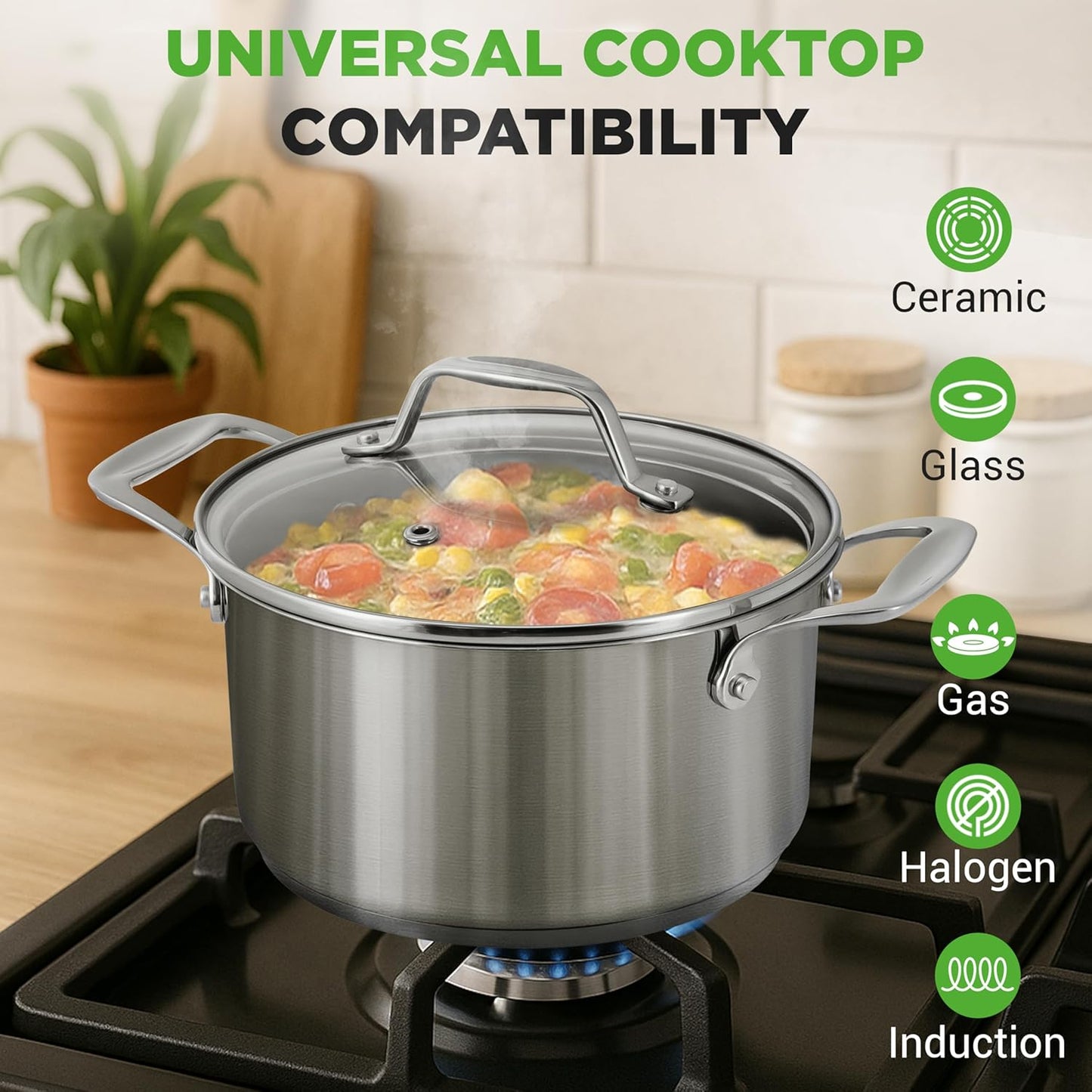 NutriChef 6-Quart Stainless Steel Stockpot – 18/8 Food Grade Heavy-Duty Induction-Compatible Pot with See-Through Lid, Ideal for Stews, Broths, Simmering & Soups, Dishwasher Safe – NCSP6