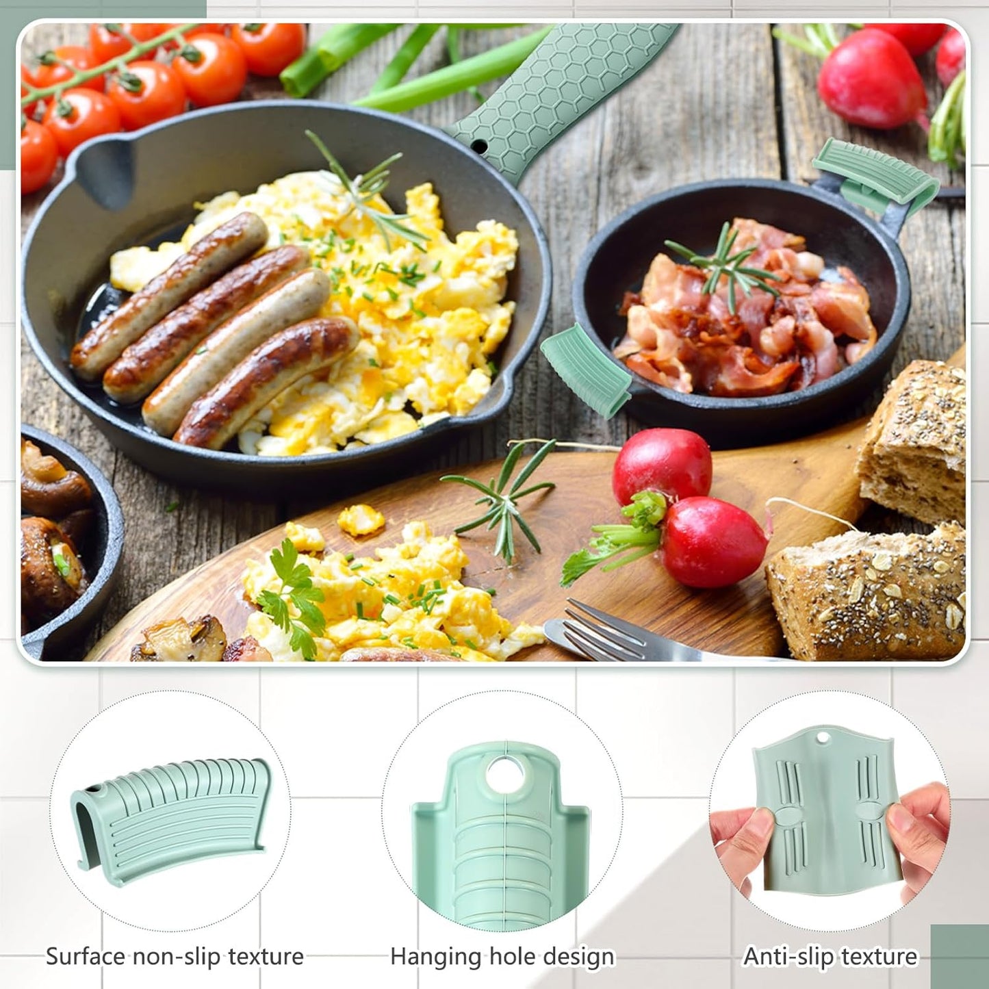 Patelai 8 Pcs Silicone Pot Holders Cast Iron Handle Cover Heat Resistant Pot Handle Covers Potholder Non Slip Reusable Pan Sleeve for Frying Pan Kitchen Supplies(Mint Green)
