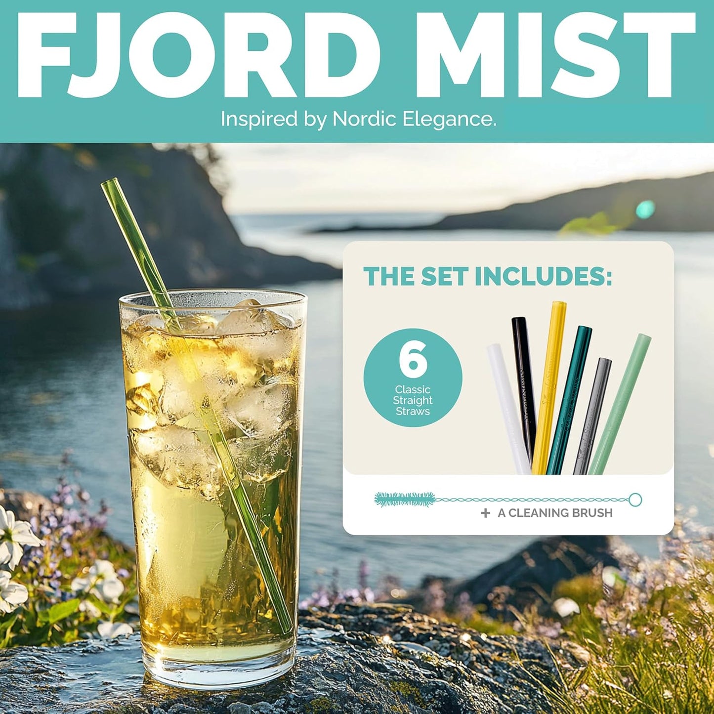 Simply Straws 10 Inch Glass Straws Straight (6-Pack) – Reusable Glass Straws for 24 Oz Mason Jars & Tumblers, with Cleaning Brush – Durable, Dishwasher Safe, Hot & Cold Use, BPA-Free (Fjord Mist)