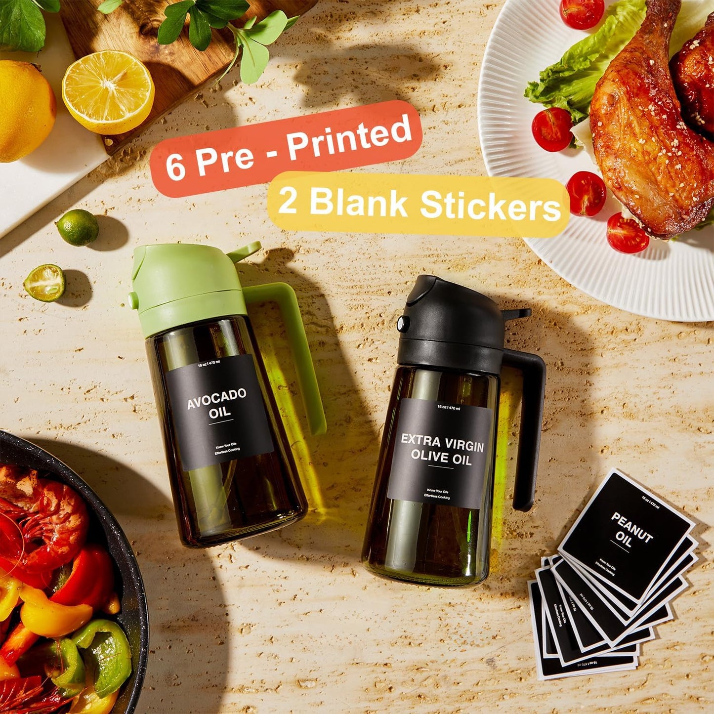 CXINYI - 16oz/470ml Olive Oil Dispenser for Kitchen with Stickers - 2 in 1 Olive Oil Sprayer for Cooking, Air Fryer, and Salad, Black&White (Light-Proof Kitchen Gadget)