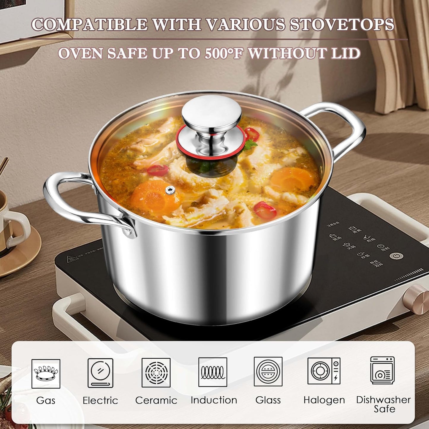 Herogo 4.5 Quart Stock Pot, Tri-Ply Cooking Pot with Lid, 18/10 Stainless Steel Pasta Stockpot with Handles, 4.5 QT Stockpot for Induction Electric Gas Stove, Dishwasher Safe