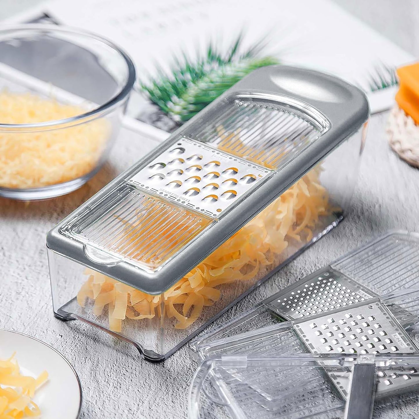 LHS Mandoline Slicer, 4 Sharp Stainless Steel Blades with Food Storage Container — Kitchen Tools for Cheese, Chocolate, Vegetables& Fruits - Dishwasher Safe (grey)