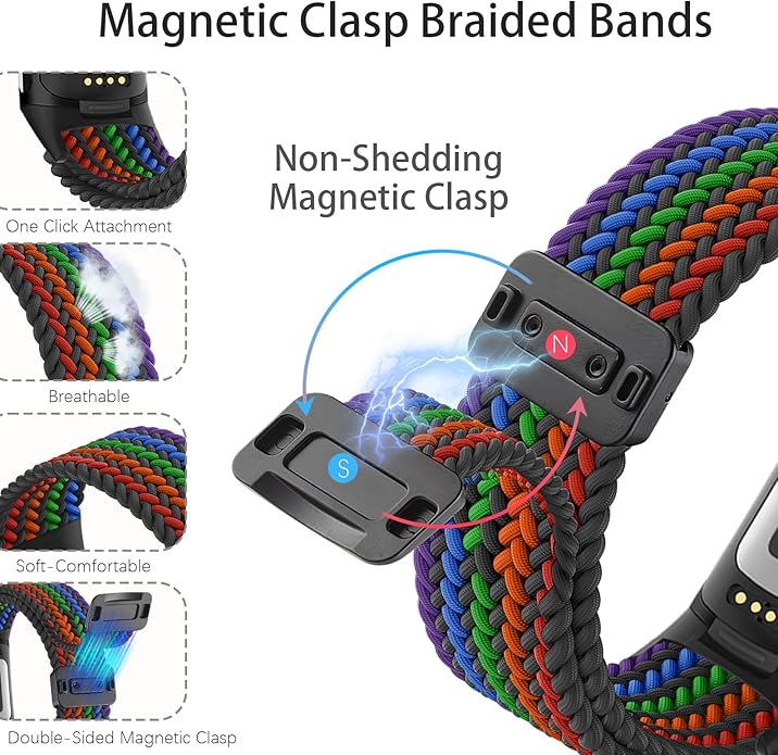 Magnetic Braided Nylon Compatible with Fitbit Charge 6 Bands/Fitbit Charge 5 Bands for Women Men, Soft Sport Stretchy Breathable Strap Replacement Wristband for Charge 6/Charge 5
