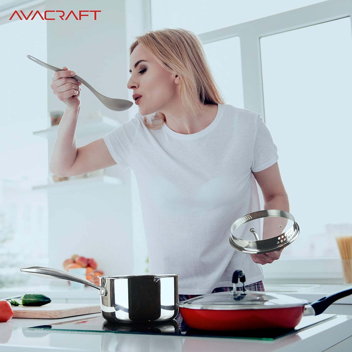 AVACRAFT Tri-Ply Stainless Steel Saucepan with Glass Strainer Lid, Two Side Spouts, Ergonomic Handle, Multipurpose Sauce Pan with Lid, Sauce Pot, Cooking Pot (Tri-Ply Full Body, 2.5 Quart)