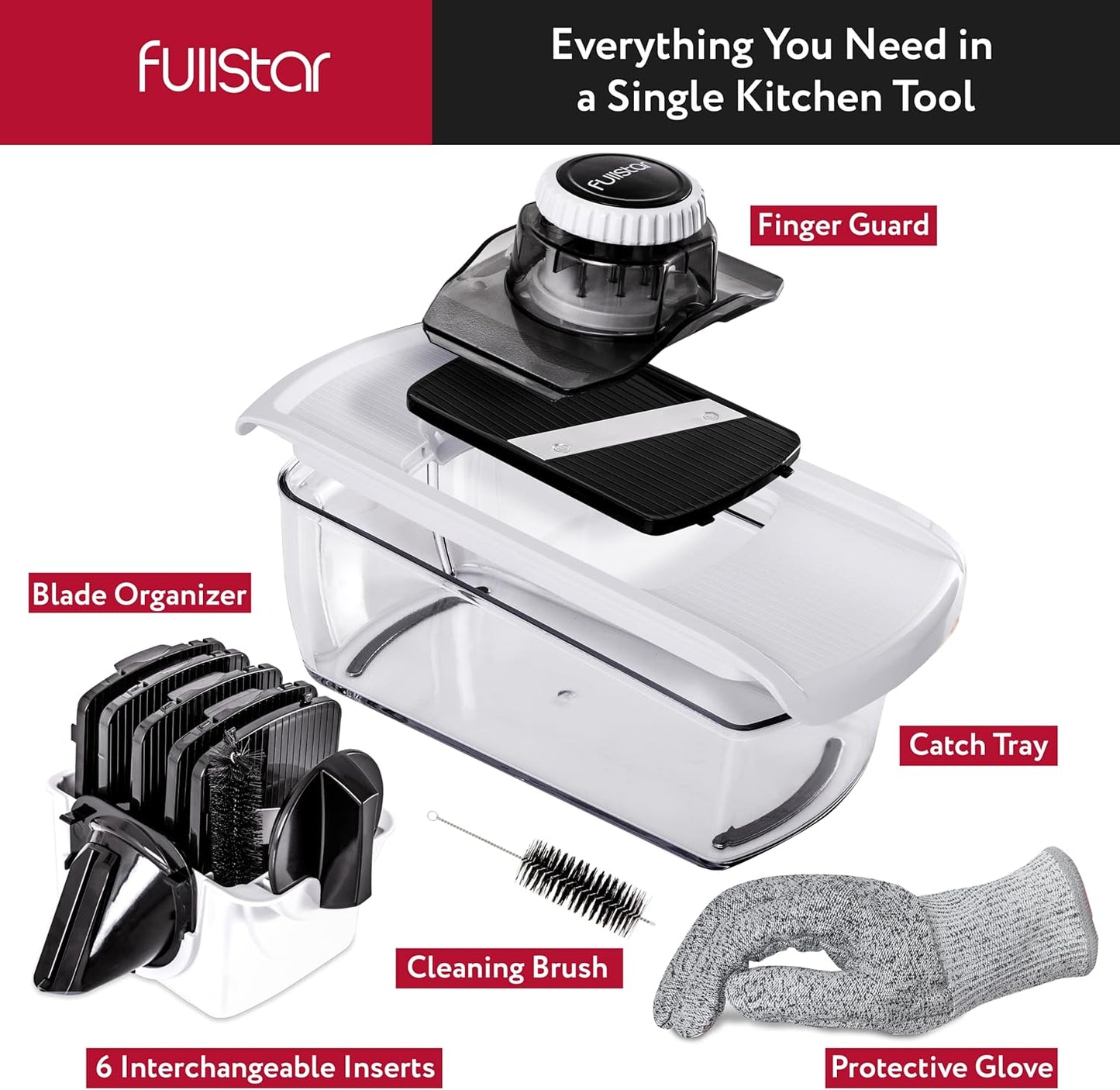 Fullstar Mandoline Slicer for Kitchen, Fruit Cutter, Cheese Grater, Cucumber Slicer, Veggie Spiralizer, Food Cutter & Kitchen Gadgets with Safety Glove (6 in 1, Black)