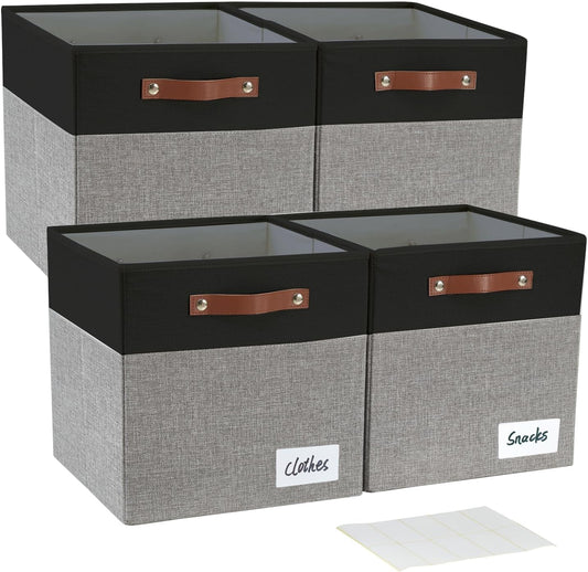 Collapsible Fabric Storage Cube Bins with 2 Reinforced PU Handles, Foldable Storage Organizer Baskets for Closet, Shelves, Living Room | 13"x13"x13", 4 Pack, Black & Gray