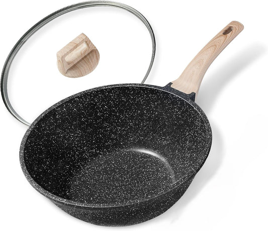 CAROTE Non Stick Wok with Lid 12''/5.3QT Woks & Stir-fry Pans Nonstick Granite Wok Pan Induction Cookware Deep Frying Pan, Compatible with All Stovetops