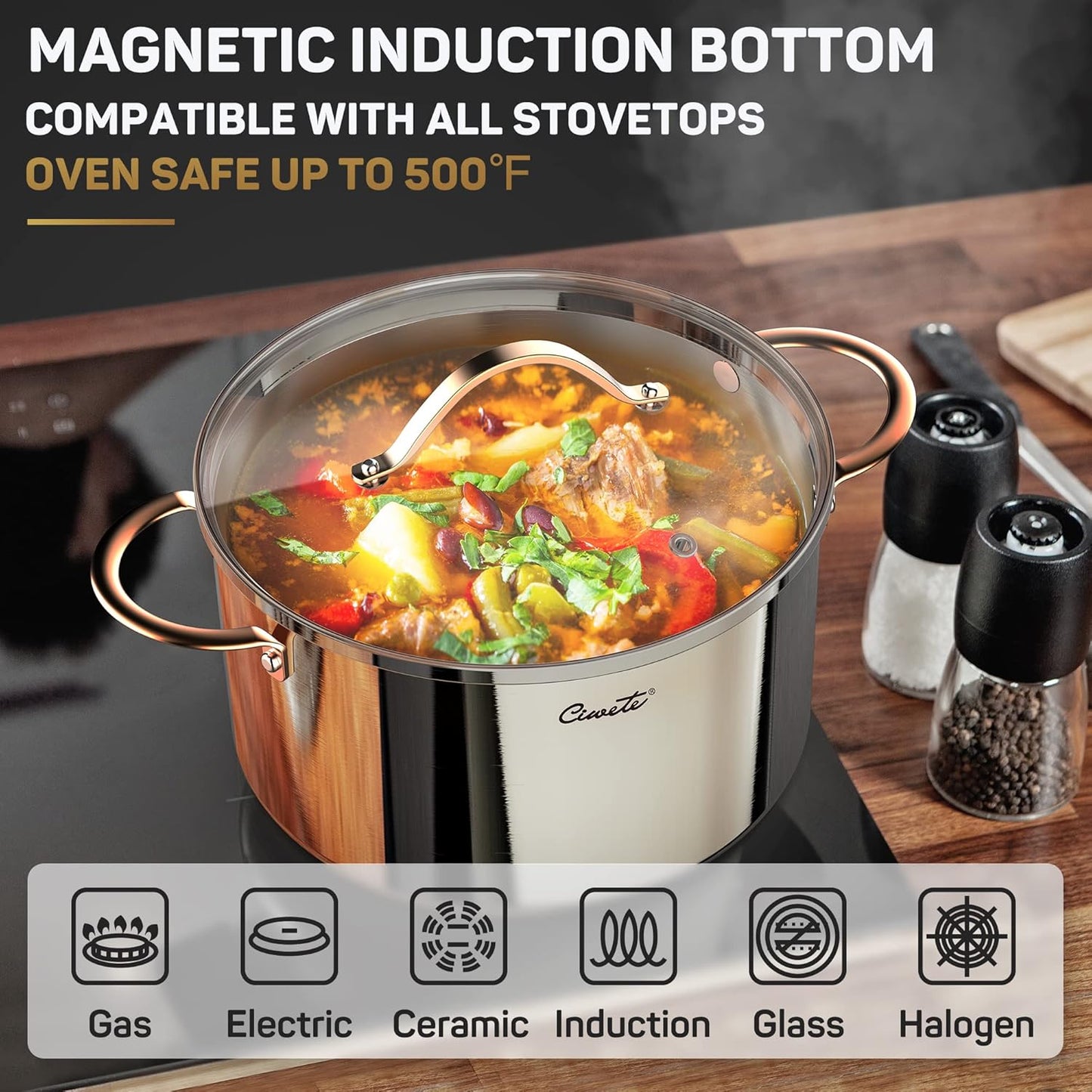 8 Quart Stock Pot, 3 Ply Whole Clad Stainless Steel Stock Pot, 8 QT Cooking Pot with Lid, Induction Pot for Cooking, 18/10 Stainless Steel Cookware Stockpots Oven, Gas and Dishwasher Safe