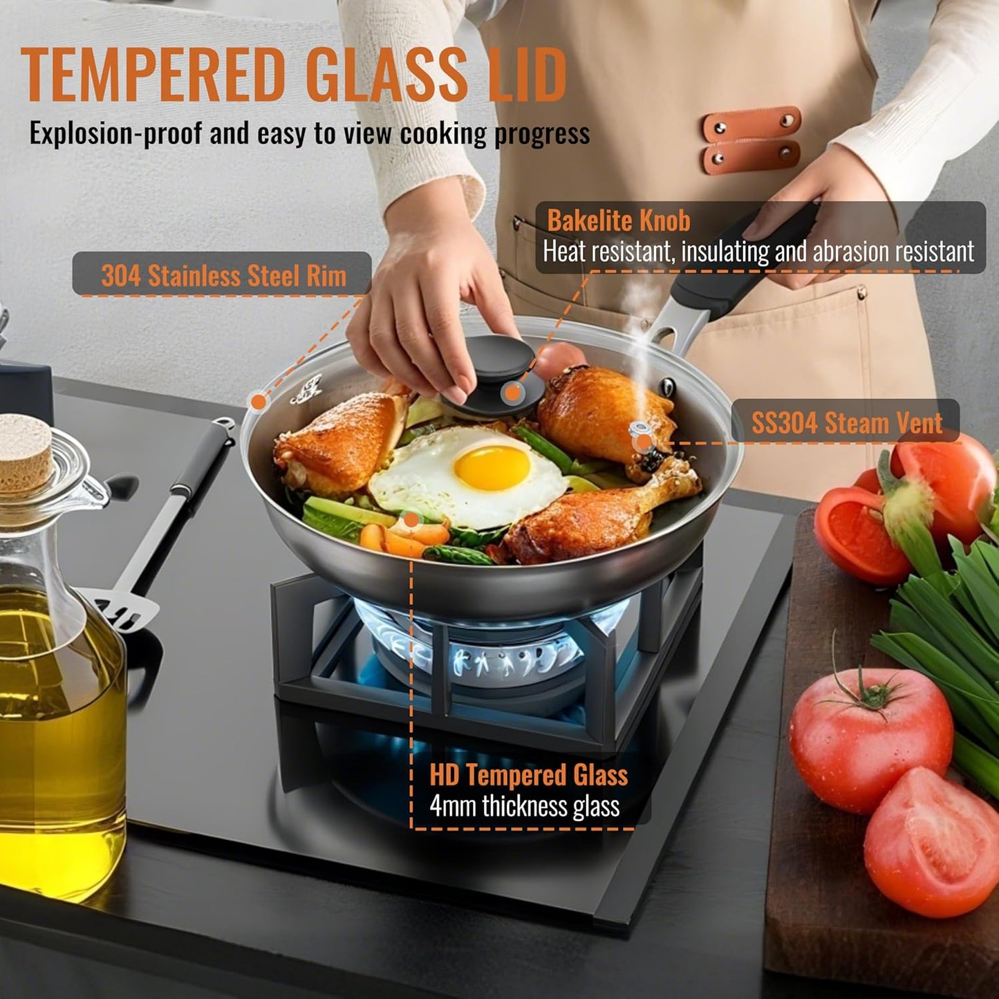 Tempered Glass Lids for Pots and Pans, Cast Iron Skillet Lid 10.5 Inch, Round Frying Pan Lid, Replacement Pan Cover, Crock Pot Lid with Stainless Steel Rim, Dishwasher Safe, Cookware Pot Covers