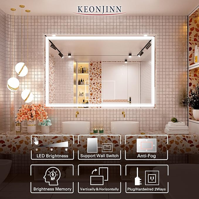 Keonjinn LED Bathroom Mirror with Lights 60 x 40 Inch,