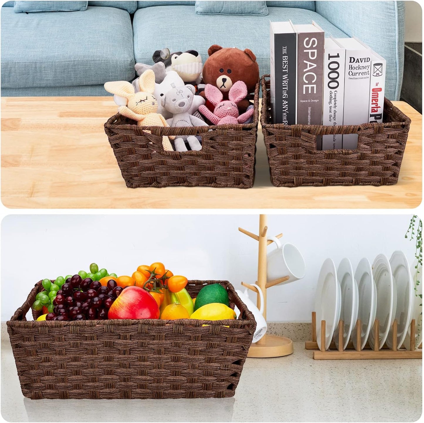 Large Wicker Storage Basket, Metal Frame, Set of 2, Washable Waterproof, 15" x 10.3" x 5.2", Brown Color, Woven Basket for Pantry, Toilet, Bathroom, Bedroom, Patio