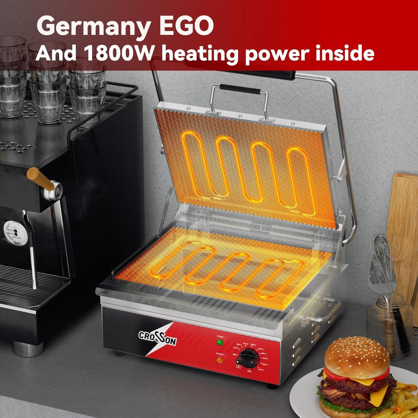 CROSSON 15"×11" Ribbed ETL Listed Commercial Electric Panini Grill,Hinged Auto Leveling Top Plate Panini Press Sandwitch Maker