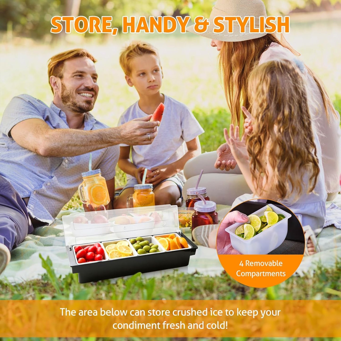 WICHEMI Fruit, Veggie & Condiment Caddy with Lid Dispenser Tray Garnish Station for Bartending & Serving Taco, Ice Cream, Salad Bar - Topping Organizer for Restaurant Supplies (4 Compartment, 2 Pack)