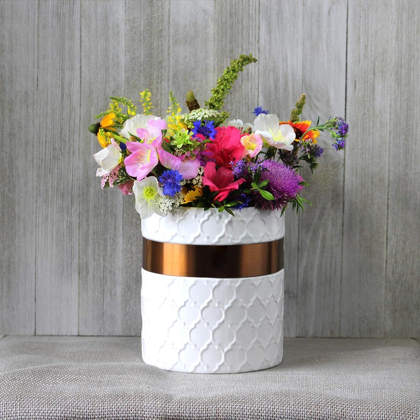 Home Acre Designs Kitchen Utensil Holder - Large Ceramic Farmhouse Countertop Crock, White/Copper