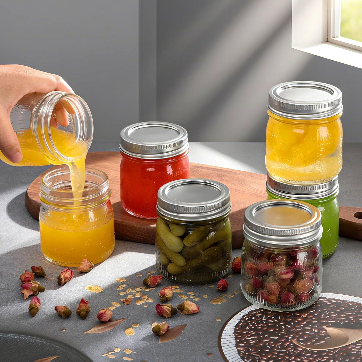 8 oz Mason Jars with Regular Airtight Lids - 24 Pack Small Mason Jars for Jam, Honey, Baby Foods, Overnight Oats, Spices, Herbs, Salads, Candles, Dessert, Party Favors, Half Pint Size Canning Jar